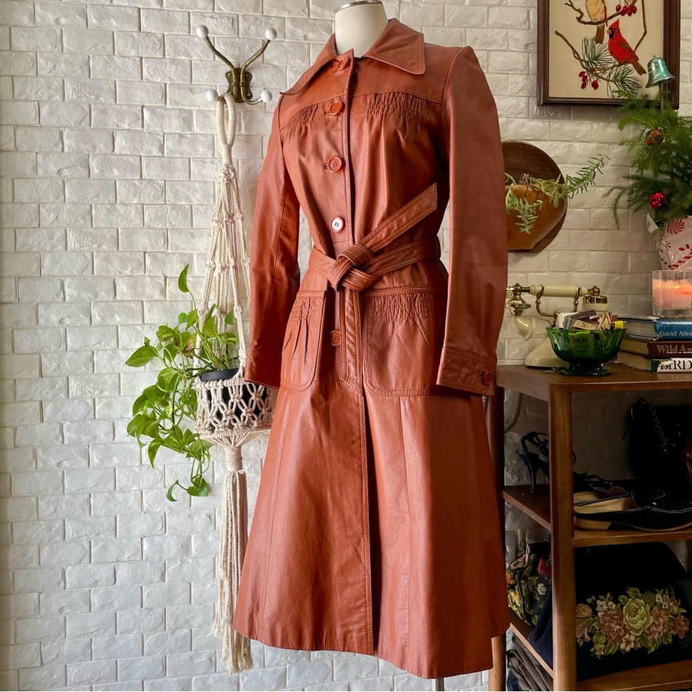 Vintage 1970s Split End Rust Orange 100% Leather Long Belted Trench Coat